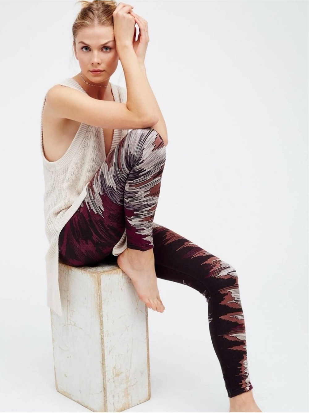 Free People Byzantine Ikat-Pattern Sweater Leggings in Burgundy and Taupe